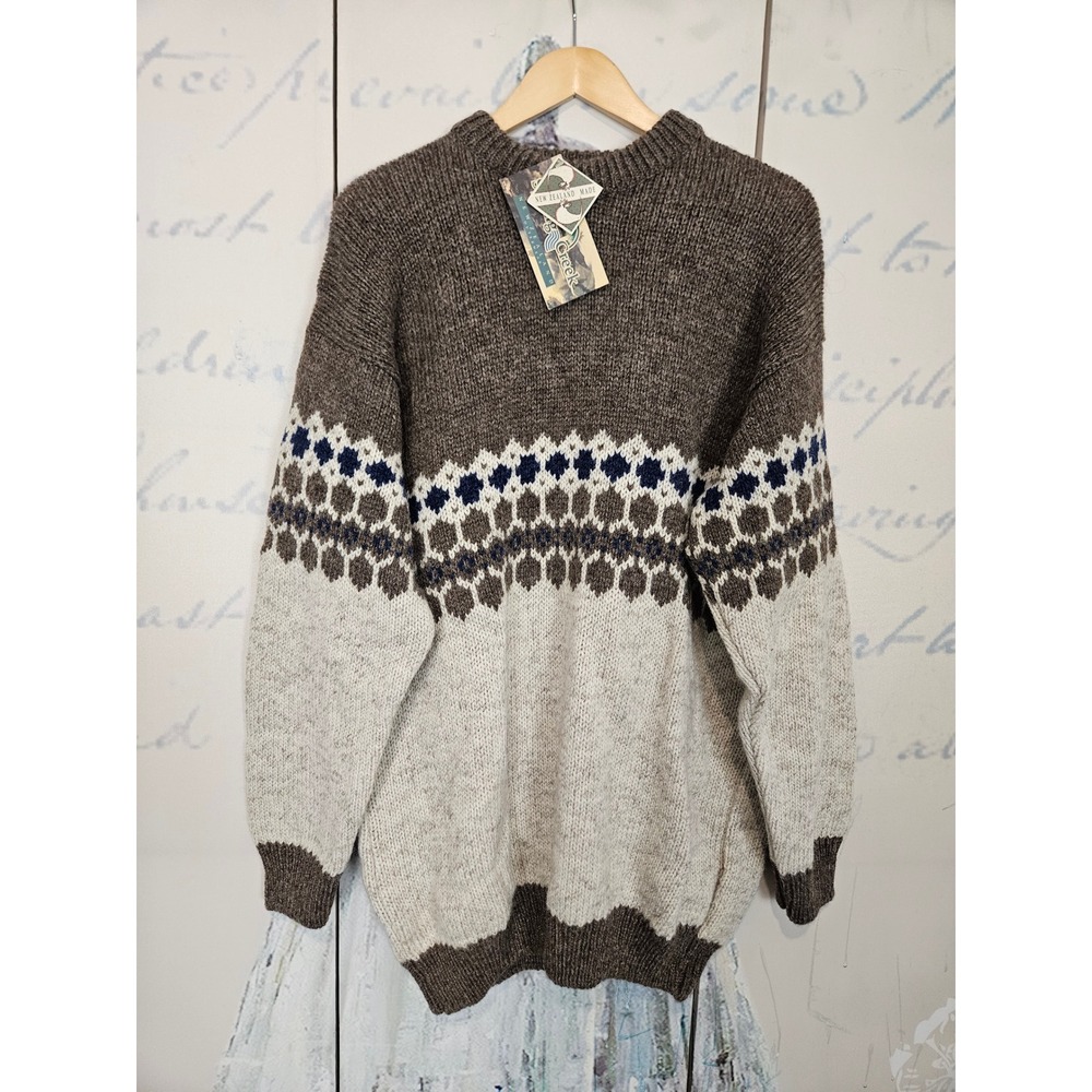 NWT Vintage Spring Creek Wool Sweater Large Oatmeal Brown Fair Isle New Zealand